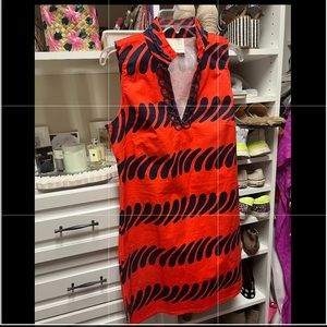 Orange (orangey red) and navy v neck dress with collar & rope lace detail